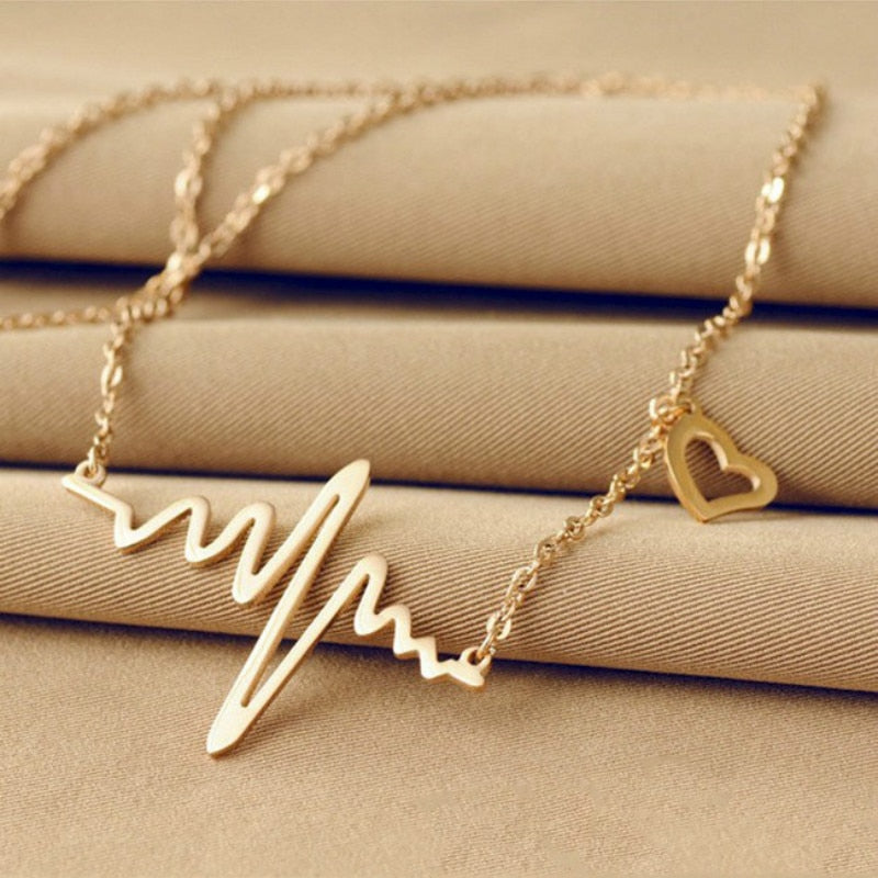 ECG Lightning Heartbeat Gold Pendant Charm Necklace