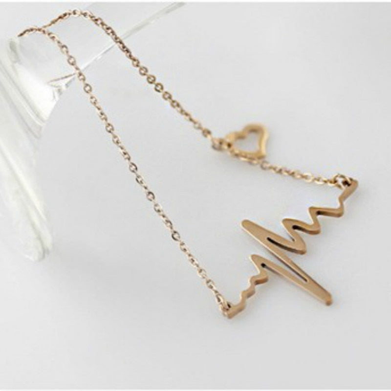 ECG Lightning Heartbeat Gold Pendant Charm Necklace