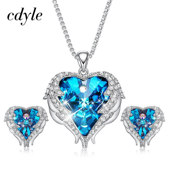 Angel Wings Crystal Heart Pendant Jewelry Set