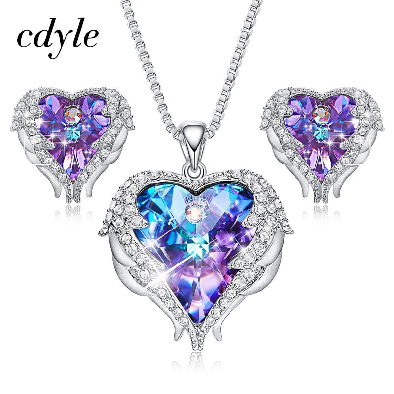 Angel Wings Crystal Heart Pendant Jewelry Set