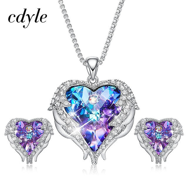 Angel Wings Crystal Heart Pendant Jewelry Set