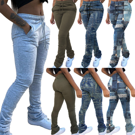 Women's Fashion Faux Denim Print Drawstring Pants