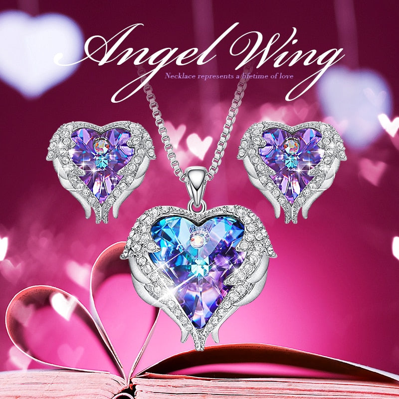 Angel Wings Crystal Heart Pendant Jewelry Set